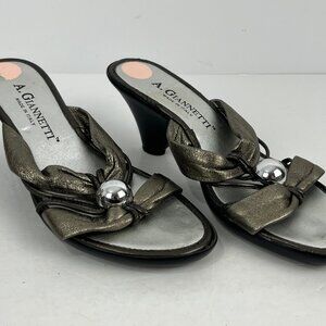A. Giannetti Heeled Sandals Size 6.5 Beige Silver Leather Almond Open Toe